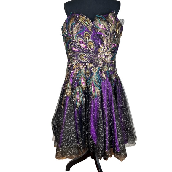 Mac Duggal Strapless Peacock Sequin Mini Dress - Size 16 - Picture 1 of 7